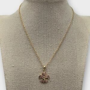 Cookie Lee Fleur-de-Lis Necklace Pink Rhinestone Gold Tone Pendant Vintage